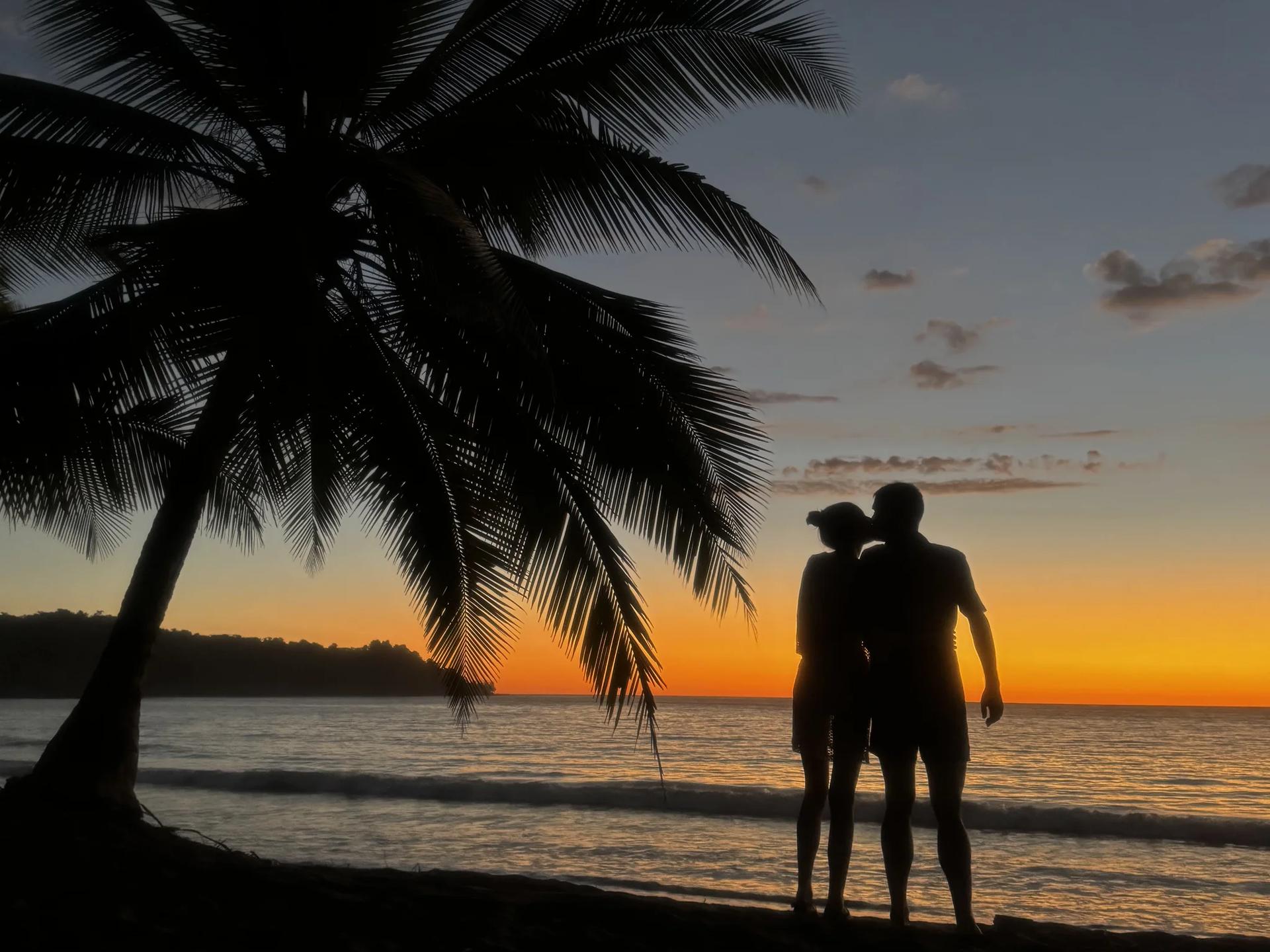 Coucher de soleil romantique avec les ombres d'un couple à côté d'un palmier