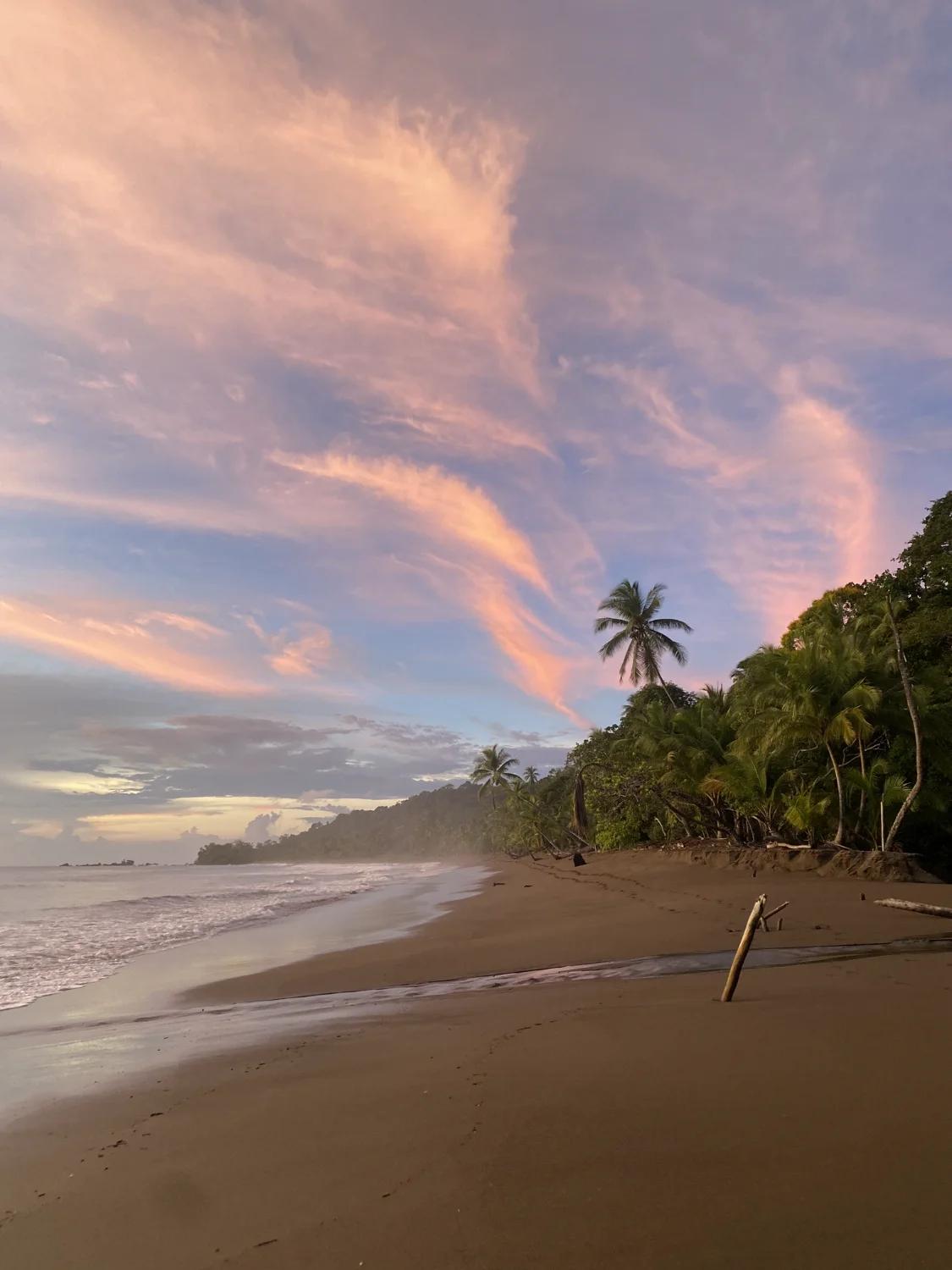 Plage sauvage avec un coucher de soleil